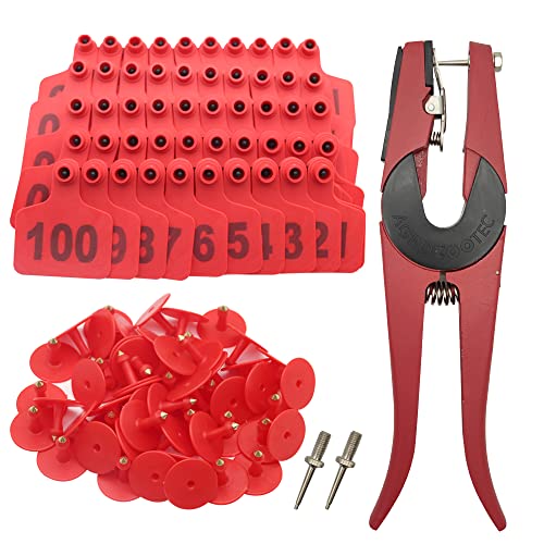Cattle Ear Tags 001-100 Number Plastic Livestock Animal Tag for Cows Ear Tag Applicator Kit (001-100, Red) - color: Red