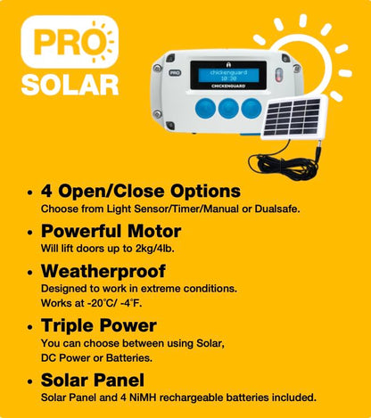 ChickenGuard Automatic Chicken Coop Door Opener, Power by Solar/Batteries/Electric. Strong Motor Lifts 2kg; Timer/Light Sensing; Motor Units only or Combination Kits (PRO + Solar Kit) - size: PRO + Solar Kit