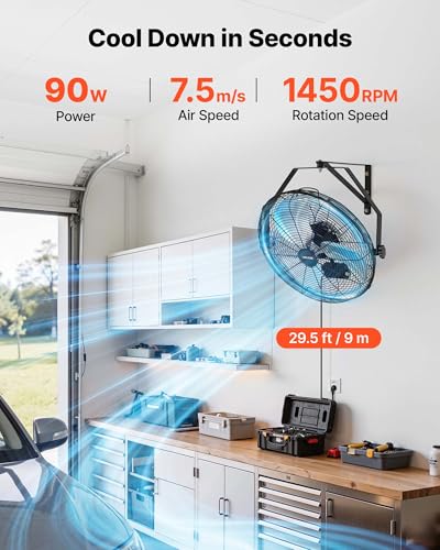 VEVOR Wall Mount Fan, 18 in Wall Mounted Hanging Fan with IP44-rated Protection, 3-Speed, Long Airflow Distance, Adjustable Rotation Angle, Powerful for Industry, Commercial, Garage, Workshop - size: 18In-Waterproof