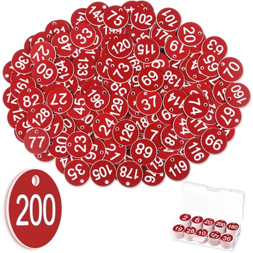 Yinkin 200 Pcs Plastic Number Tags, 1-200 Number Cards, Round Hole Hang Tags, Marking Identification Tag Hanger Numbers Cards for Coat Keychain Check Closet Organization Lottery (Red) - color: Red