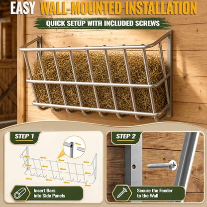 25 Gallon Wall Mount Hay Feeder, Metal Hay Rack for Goats and Horses | Galvanized steel, livestock feeding rack, barn stall feed holder, space-saving, rounded edges, easy install - color: 25 Gallon