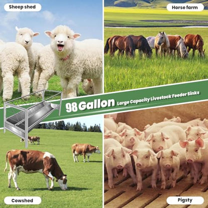 98 Gallon Large Capacity Pasture Goat Feeder, 2 in 1 Stainless Steel Hay Feeder for Goats Sheep Horse, Easy Assembly Detachable Farm Outdoor Livestock Feeder (Stainless Steel) - style: Stainless Steel