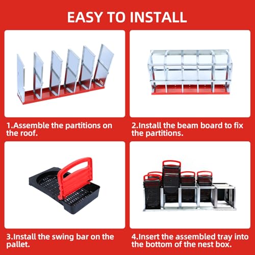 Chicken Nesting Box 10-Compartment – Roll Away Laying Boxes for Hens with Lid Cover & Egg Protection – Heavy Duty Red Poultry Nest Box