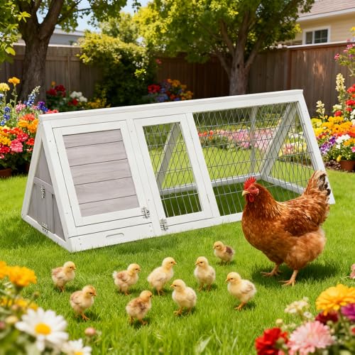 Chicken Run Coop,Wooden A-Frame Quail Cages Rabbit Hutch with Ventilating Wire & 3 Doors Indoor Outdoor Portable Playpen Run House for Duck Chick Poultry & Small Animals (Grey) - color: Grey