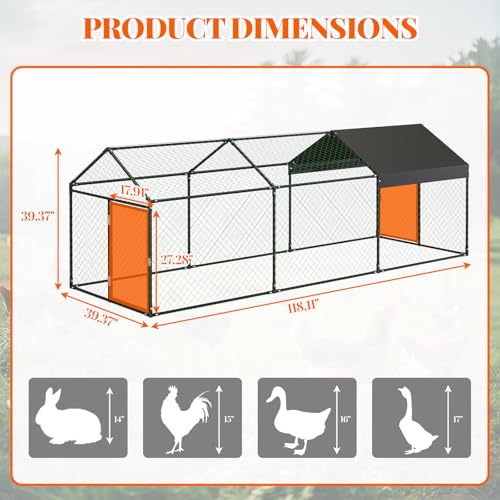 Small Metal Chicken Coop, Chicken Runs for Yard with Waterproof and Anti-Uv Cover, Portable Chicken Coop with 2 Door for Outdoor Chicken Rabbit Duck, Black, 120"×40"×40"