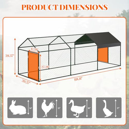 Small Metal Chicken Coop, Chicken Runs for Yard with Waterproof and Anti-Uv Cover, Portable Chicken Coop with 2 Door for Outdoor Chicken Rabbit Duck, Black, 120"×40"×40"