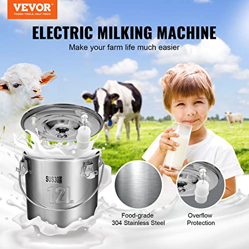 VEVOR Goat Milking Machine, 12 L 304 Stainless Steel Bucket, Electric Automatic Pulsation Vacuum Milker, Portable Milker with Food-Grade Silicone Cups and Tubes, Adjustable Suction for Cows and Sheep - size: 12 L