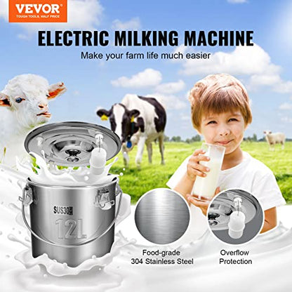 VEVOR Goat Milking Machine, 12 L 304 Stainless Steel Bucket, Electric Automatic Pulsation Vacuum Milker, Portable Milker with Food-Grade Silicone Cups and Tubes, Adjustable Suction for Cows and Sheep - size: 12 L
