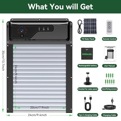 Automatic Chicken Coop Door with Camera, Solar Powered Smart Chicken Door with WiFi App Control, 1080P HD Night Vision, 5000 mAh Battery, Anti-Pinch Safety, Smart Alerts, Space-Saving Roll-Up Design