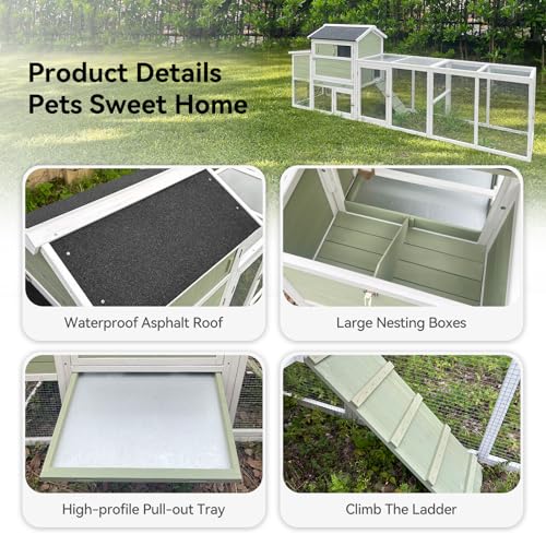 Chicken Coop, Large Chicken Coop with Run for 4-6 Chickens, Outdoor Hen House with 2 Nesting Boxes, Weatherproof Asphalt Roof, Pull-Out Tray, Perches, Ramp, Poultry Cage for Backyard Farm - color: Light Green
