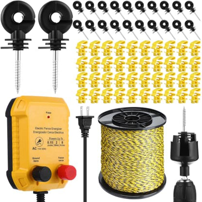 MorningRo Electric Wire Fence Kit, 2 Mile 110VAC 0.15 J Plug in Fence Charger with 3366 FT Polywire, 40 T Post Insulators, 20 Screw in Insulators for Pasture Farm Horse Cattle Poultry Fencing - size: 3366FT, style: 0.15J