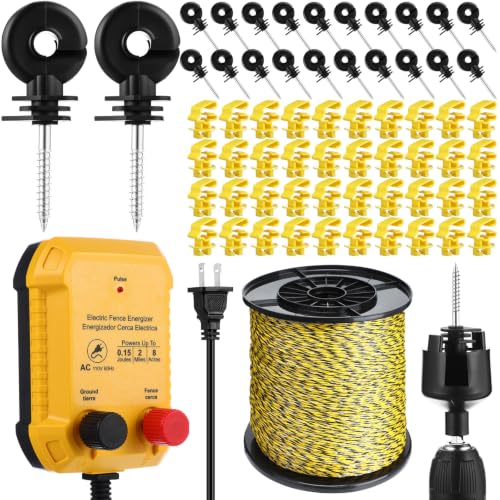 MorningRo Electric Wire Fence Kit, 2 Mile 110VAC 0.15 J Plug in Fence Charger with 3366 FT Polywire, 40 T Post Insulators, 20 Screw in Insulators for Pasture Farm Horse Cattle Poultry Fencing - size: 3366FT, style: 0.15J