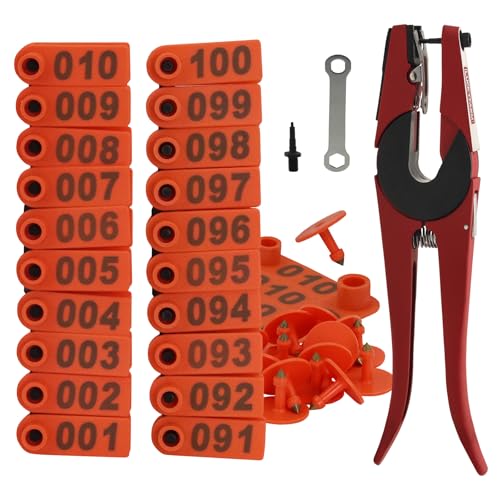 Goat Ear Tags Livestock Ear Tag Pliers Tool, 001-100 Number Plastic Sheep Ear Tag, with Livestock Animal Ear Tagging Pliers for Sheep Pig Dog Deer Farm Horse Cow Cattle (Orange) - color: Orange