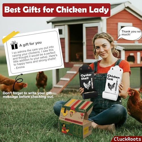 CluckRoots Chicken Grit and Oyster Shell Feeder Combo, No-Spill Weatherproof Heavy-Duty Design, Lift-Off Wall-Mounted Metal Dispenser w/View Window, Chicken Coop Accessories Gifts for Lovers Women - color: Combo-Black/White