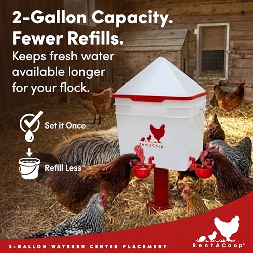 RentACoop 2 Gallon Chicken Waterer with 4 Auto-Fill Water Cups, 4 Horizontal Nipples, and Custom Adjustable Stand; BPA-Free; Large Capacity Poultry Waterer- Center Placement