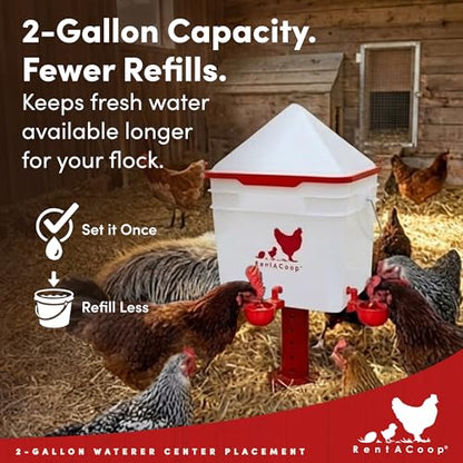 RentACoop 2 Gallon Chicken Waterer with 4 Auto-Fill Water Cups, 4 Horizontal Nipples, and Custom Adjustable Stand; BPA-Free; Large Capacity Poultry Waterer- Center Placement