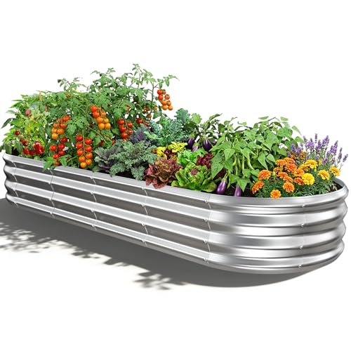 Oval Raised Garden Bed, 5 x 2 x 1FT, Galvanized Steel Planter Box with Wave-Shaped Metal Panels for Outdoor Flower,Tree,Herb & Vegetable Garden (Silver, 72X24X12 inches) - color: Silver, size: 72X24X12 inches
