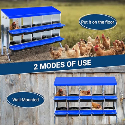 GarveeLife Chicken Nesting Box, 10 Compartments Nesting Boxes for Chickens, Chicken Laying Boxes with Legs, Roll Away Nesting Box for Chickens Laying Egg with Lid Cover to Protect Eggs, Blue