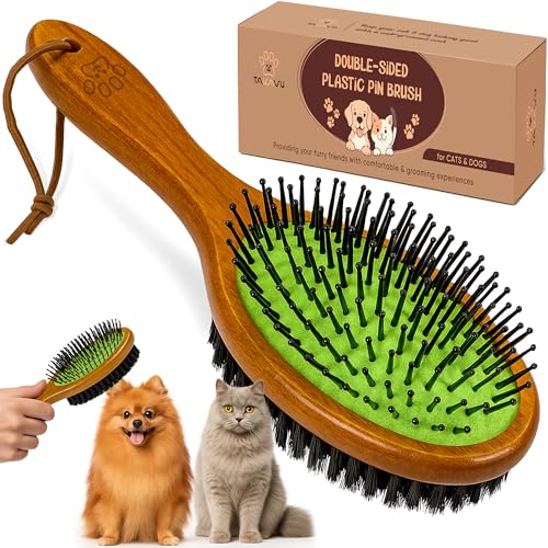 TAKAVU Pin & Bristle Pet Brush for Dogs & Cats - Double Sided Grooming Tool Detangles, Removes Loose Hair & Conditions Coat - Wood Handle - color: Black Boar Bristle & Pin Brush