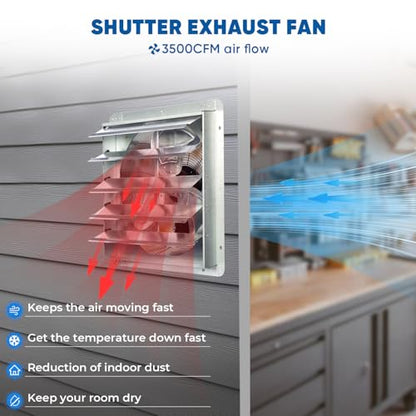 KEN BROWN 20 Inch Exhaust Fan with Power Cord, Automatic Shutter, 3500CFM, Aluminum Cooling Ventilation Fan, High Speed Wall Mounted Attic Fan for Garage, Greenhouse, Shop, Shed - size: 20 Inch