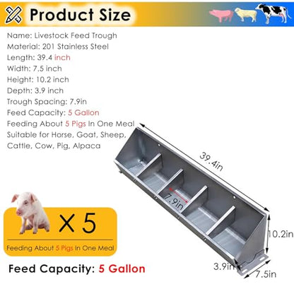 Livestock Feed Trough for Pigs, Sheep, and Cattle - Heavy Duty Stainless Steel Design with Sloped Opening for Easy Feeding, Suitable for Hanging on Fences - size: 39.4 inch Long with 5 Bit