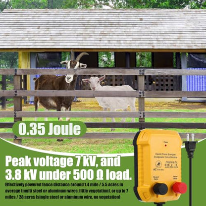 MorningRo Electric Wire Fence Kit, 2 Mile 110VAC 0.15 J Plug in Fence Charger with 3366 FT Polywire, 40 T Post Insulators, 20 Screw in Insulators for Pasture Farm Horse Cattle Poultry Fencing - size: 3366FT, style: 0.15J