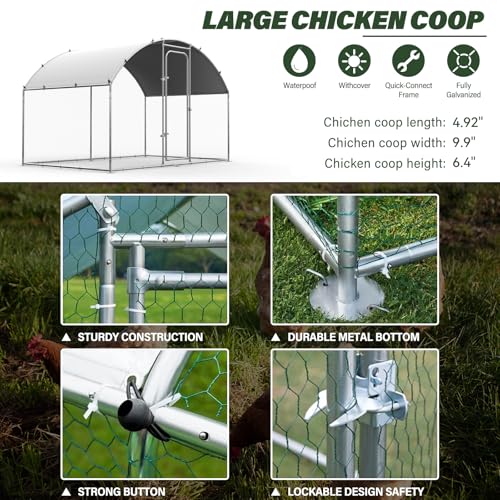 ORANLAND Large Metal Chicken Coop, 5.0x9.9x6.6ft Walk-in Chicken Runs with Cover, Dome Roof Chicken Pen with Security Lock, Outdoor Duck Rabbit Cage Poultry Pen for Backyard, Farm, Yard - size: 59.1"L x 119"W x 77.0"H