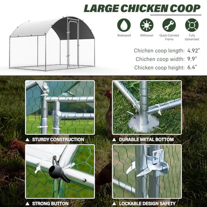ORANLAND Large Metal Chicken Coop, 5.0x9.9x6.6ft Walk-in Chicken Runs with Cover, Dome Roof Chicken Pen with Security Lock, Outdoor Duck Rabbit Cage Poultry Pen for Backyard, Farm, Yard - size: 59.1"L x 119"W x 77.0"H