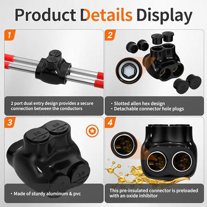 Joinfworld 2 Port Insulated Inline Splice Connector 3/0-6AWG Aluminum to Copper Wire Connectors 7/32" Slotted Allen Hex Dual Side Entry Electrical Cable Connectors - 6 Pack - size: 3/0-6 AWG
