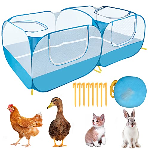 Lukovee Small Animals Playpen, Chicken Pen with Escape-Proof Detachable Bottom & 4 Zipper Doors, Breathable Foldable Portable Large Chicken Run Coop for Puppy Duck Kitten Rabbits Outdoor Yard (Blue) - color: Blue - with Escape-proof Bottom