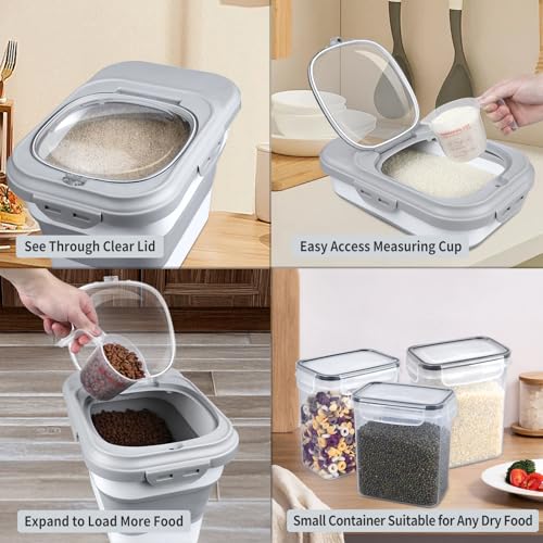 Komzon Rice Storage Container, Collapsible Airtight Food Storage Containers 6-20 Lbs, Rice Dispenser with Measuring Cup and Small Bin for Flour Cereal Pasta Grain, Cat Pet Dog Bird Food Container - color: Gray