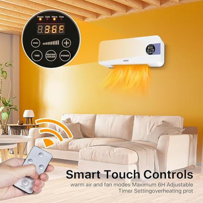 Wall Mounted Heater 1500W PTC Ceramic Electric Space Heater with Remote, LED Display, Adjustable Thermostat, Overheat Protection, Timer, Low Noise Heater for Bedroom, Office, Large Room Indoor Use
