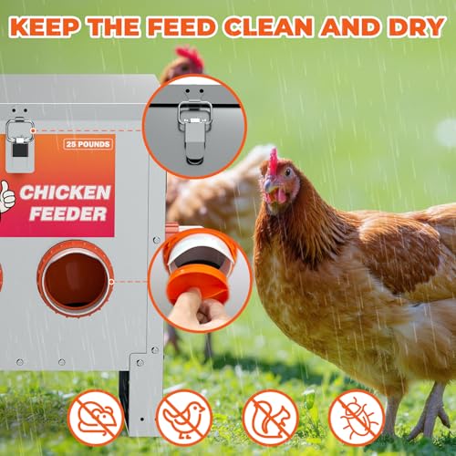 4 Ports Metal Chicken Feeder No Waste 25 Pounds Automatic Poultry Feeder with Latch & Handle for Chickens Bantams Pheasants Poultry Coop Rodent Proof - size: 4 Ports (25 LBS)