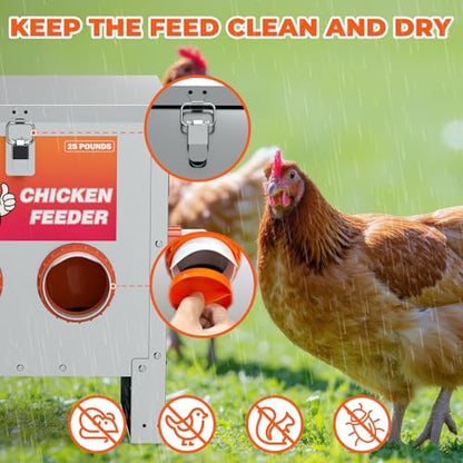 4 Ports Metal Chicken Feeder No Waste 25 Pounds Automatic Poultry Feeder with Latch & Handle for Chickens Bantams Pheasants Poultry Coop Rodent Proof - size: 4 Ports (25 LBS)