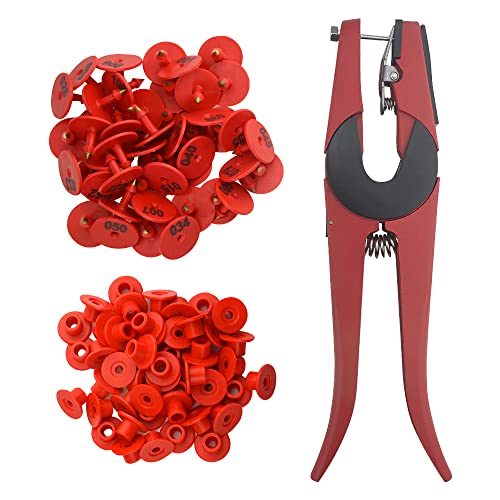 WMYCONGCONG 100 Sets Livestock Ear Tags Identification Tags Round Shape 1-100 Numbered with 1 PCS Pliers Applicator for Goats Sheep Pigs Dogs - color: Red