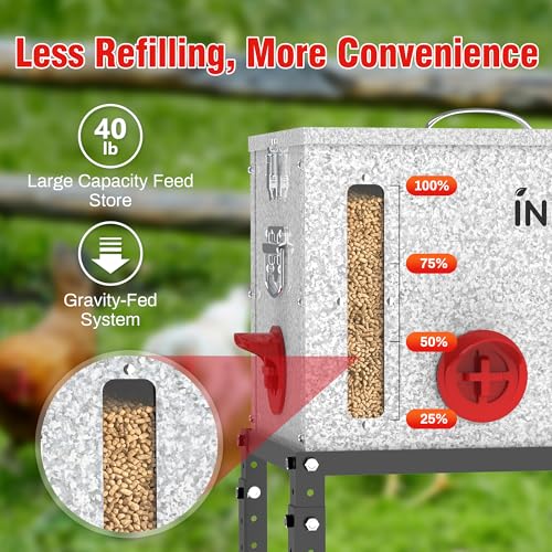 40LB Metal Chicken Feeder with Adjustable Legs - Automatic Gravity Poultry Feeder No Waste - Rat Proof Galvanized Large Chicken Feed Container with 6 Ports & Double Viewing Windows