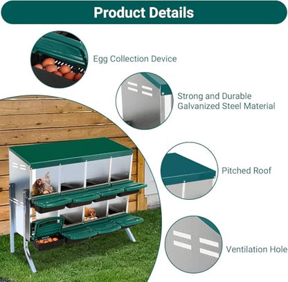 8 - Compartment Roll Away Chicken Nesting Box, Wall - Mount Laying Egg Box with Easy Egg Collection & Cleanable Pull - Out Trays, Hen Roosting Boxes for Efficient Egg Laying（Green）