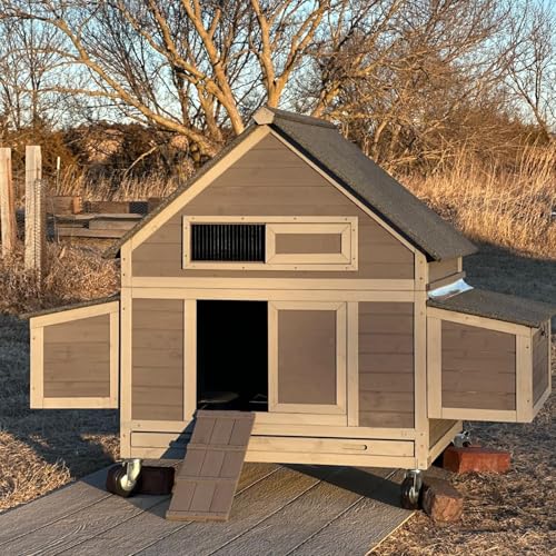 GUTINNEEN Chicken Coop Poultry Cage on Wheels Outdoor Duck Coop Wooden Hen House with Large Nesting Box, Movable