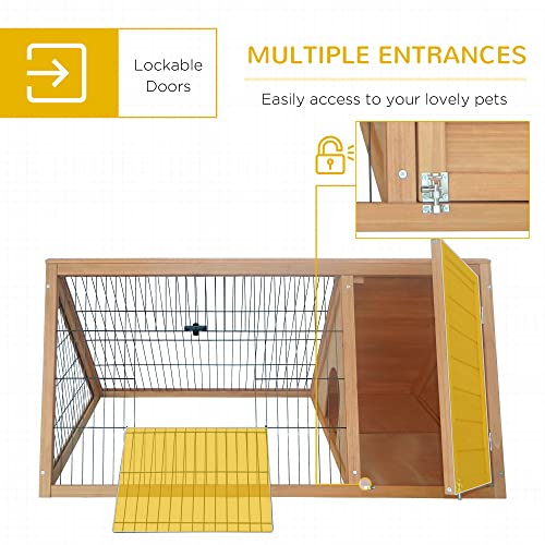 PawHut 46" x 24" Wooden A-Frame Outdoor Rabbit Hutch, Small Animal Cage, Bunny Hutch with Outside Run & Ventilating Wire, Yellow - color: Brown, size: 45.8"L x 24.5"W x 20.8"H