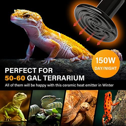 HealSmart Reptile Heat Lamp 150W 4-Pack Ceramic Heat Emitter, No Light Emitting Heat Bulbs for Amphibian Pet Brooder Coop Incubating Chicken, Lizard Bearded Dragon Turtle Snake Terrarium - size: 150 Watts, style: D-85mm (3.35") *4 Pcs