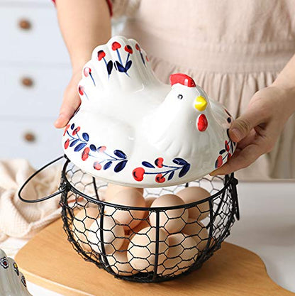 Chicken Design Ceramic Egg Storage Basket Iron Basket Holds 20-25 Eggs, Egg Holder, Organizer Case, Container Egg Basket Holder - color: cherry with black basket