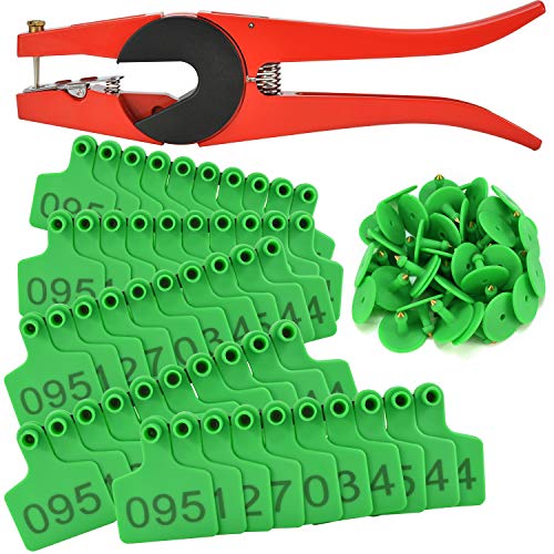 500 Sets Livestock Identification Ear Tags for Cattle Cow Calves Bull Numbered Plastic Animal TPU Earring Poultry Ear Tagger(Green) with 1 pcs Pliers Applicator - color: Green, size: 500