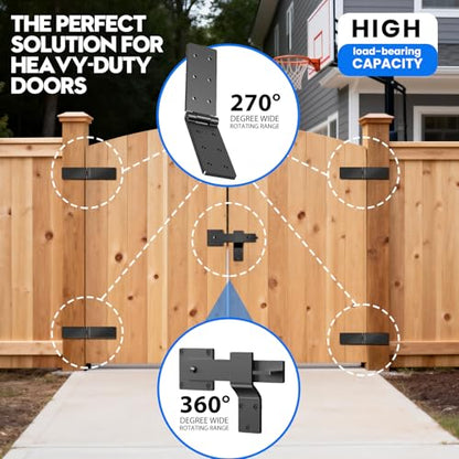 Fence Gate Hinges and Latch Set Heavy Duty -Black 270 Degree Strap Hinge & Adjustable Latch Kit for Outdoor,Garden,Backyard,Barn,Shed Wood Doors -Rust-Resistant Farm Gate Hardware with Screws