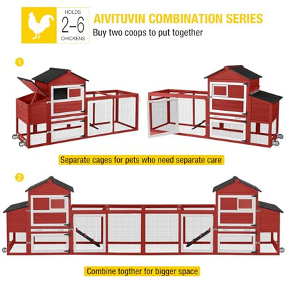 Aivituvin Mobile Chicken Coop with Wheels for 4-6 Chickens, Backyard Expandable Chicken House Duck Cage with Run, 2 Nesting Boxes, Easy Clean Pull-Out Tray, Leak-Resistant Asphalt Roof, 82.4"(Red) - color: Red, size: 82.4"L x 26.0"W x 44.0"H