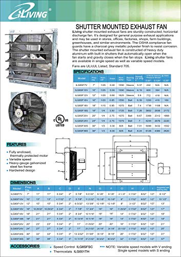 iLiving - 24" Wall Mounted Exhaust Fan - Automatic Shutter - Variable Speed - Vent Fan For Home Attic, Shed, or Garage Ventilation, 4244 CFM, 6200 SQF Coverage Area (Power Cord Not Included) - size: 24 Inches