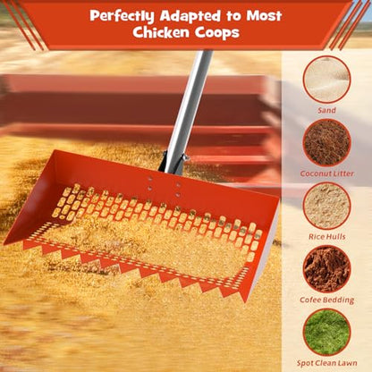 Chicken Poop Scooper & Rake 2-in-1 – 12 Inch Shovel Head & 3-Angle Adjustable 304 Stainless Steel Handle, Chicken Litter Scoop and Coop Rake & Sand Sifting Shovel for Chicken Coops, Orange - color: Orange