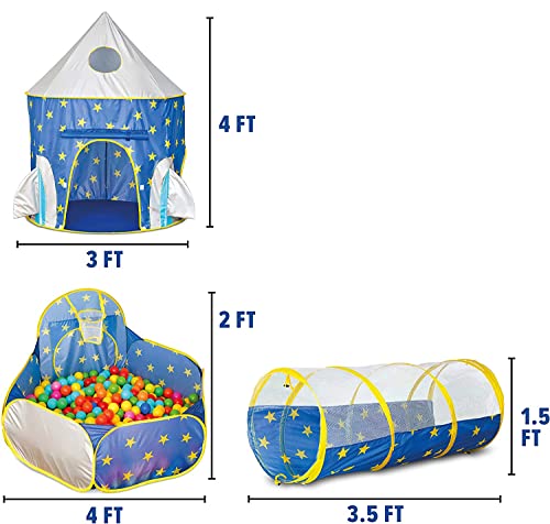 Piggy Poo and Crew Rocket Pop Up Tunnel and Tent Includes 50 Ball Pit Balls for Dogs Pigs Rabbits Cats Small Animals - color: Blue