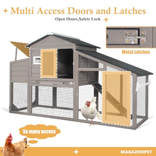 Chicken Coop with Wheels, Weatherproof Outdoor Chicken Hen Houses with Run, 2 Story Wooden Poultry Coops Rabbit Hutch for 2-3 Chickens Bunny with Leakproof Tray, Nesting Boxes, Ramp - color: 79" L Gray