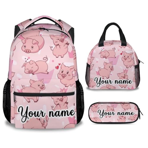 Personalized Pig Backpack with Lunch Box and Pencil Case, 16 Inch Cute Pig Bookbag Durable, Lightweight, Large Capacity, Funny Animal Backpack for School Girls Kids Women - color: Style-3-3