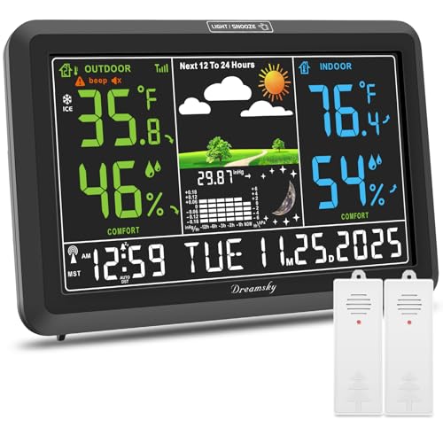 DreamSky Weather Station Indoor Outdoor Thermometer Wireless, Atomic Clock | Digital Large Display with Dimmer, USB Port, Inside Outside Temperature Humidity Monitor for Home (Plug-in)-2 Sensors - color: Black with 2 sensor